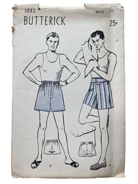 Vintage 40s Butterick 3843 Sewing Pattern Waist 38 Men’s Boxer Shorts Retro CUT